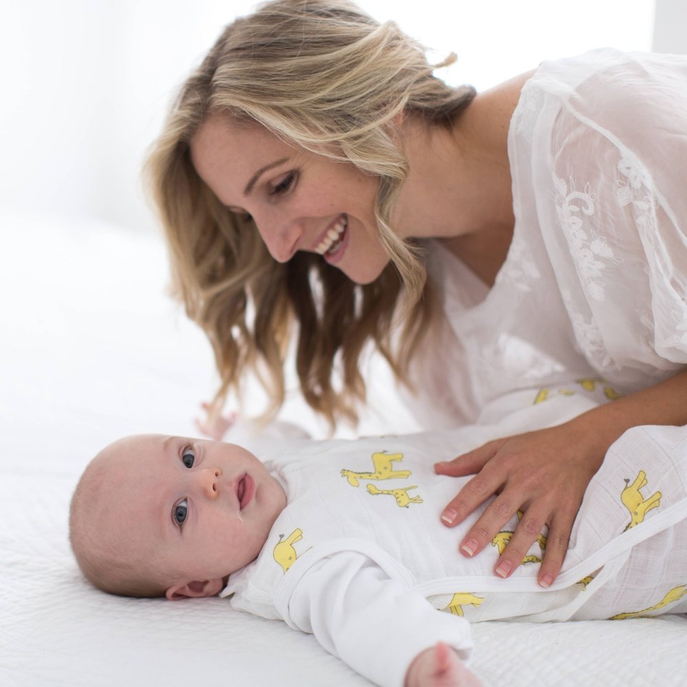 SwaddleDesigns Muslin zzZipMe Sack, 2-Way Zip, Mama & Baby Giraffe, Yellow