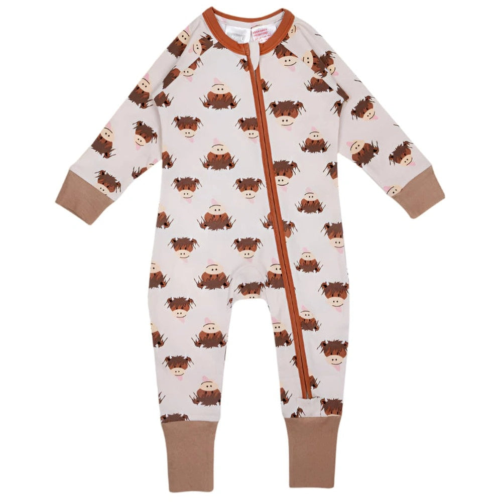 Neutral Hamish Highland Cow Zip Romper 1