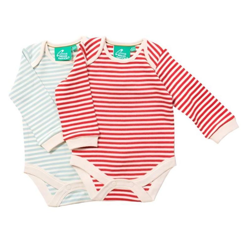 Little Green Radicals Red & Pale Blue Striped Organic Baby Bodysuit Set - 2 Pack 
