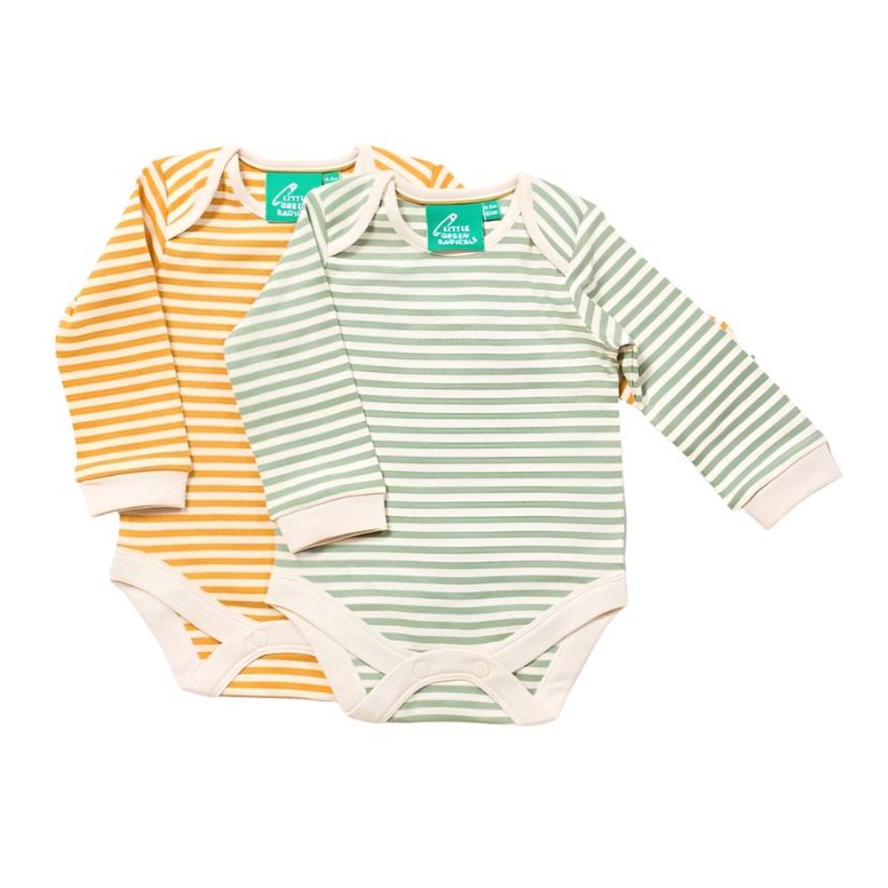 Little Green Radicals Golden & Green Striped Organic Baby Bodysuit Set - 2 Pack 