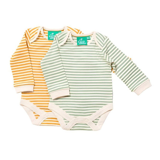 Little Green Radicals Golden & Green Striped Organic Baby Bodysuit Set - 2 Pack 